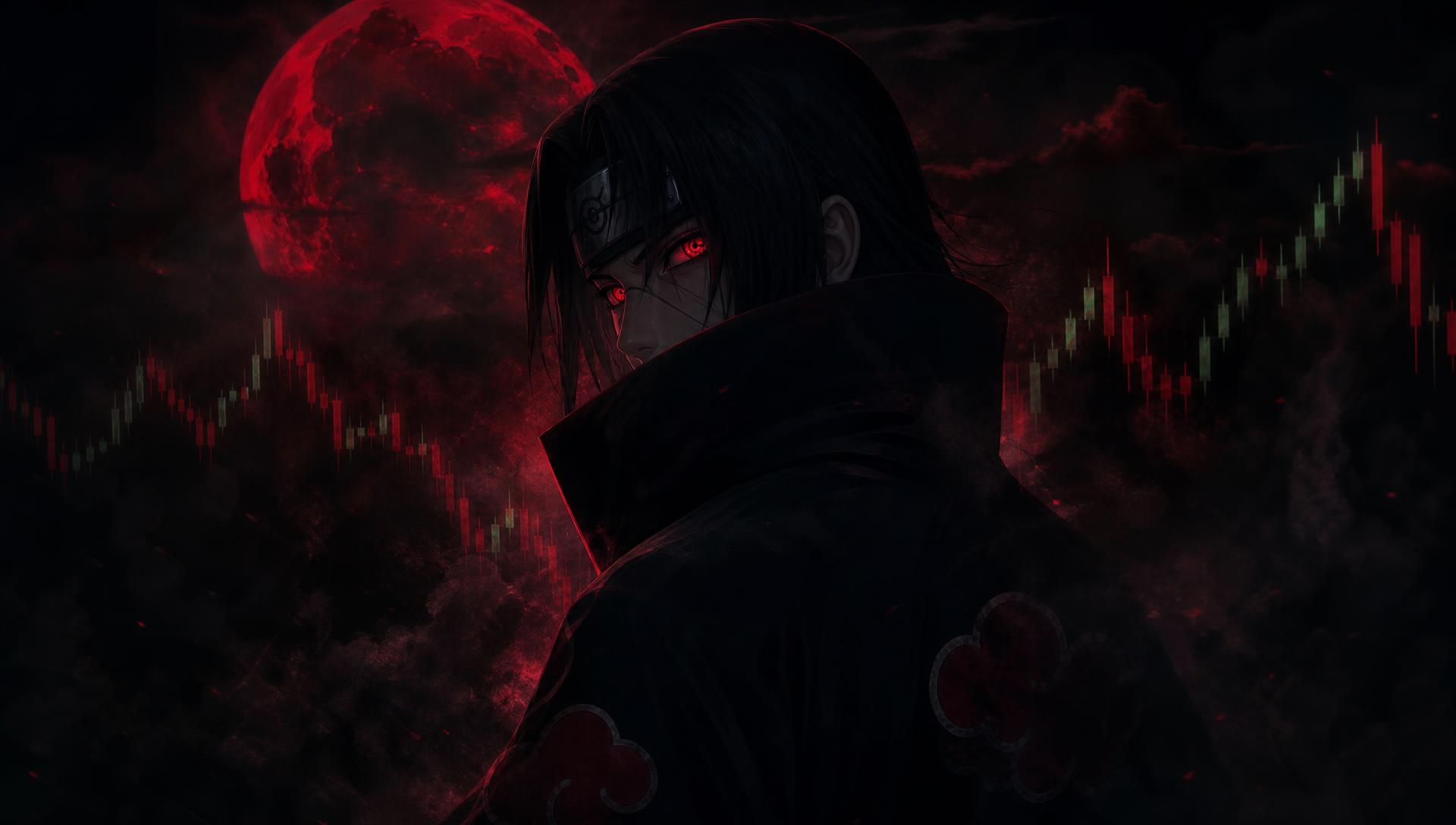 Itachi-inspired figure with activated Sharingan eyes against candlestick charts